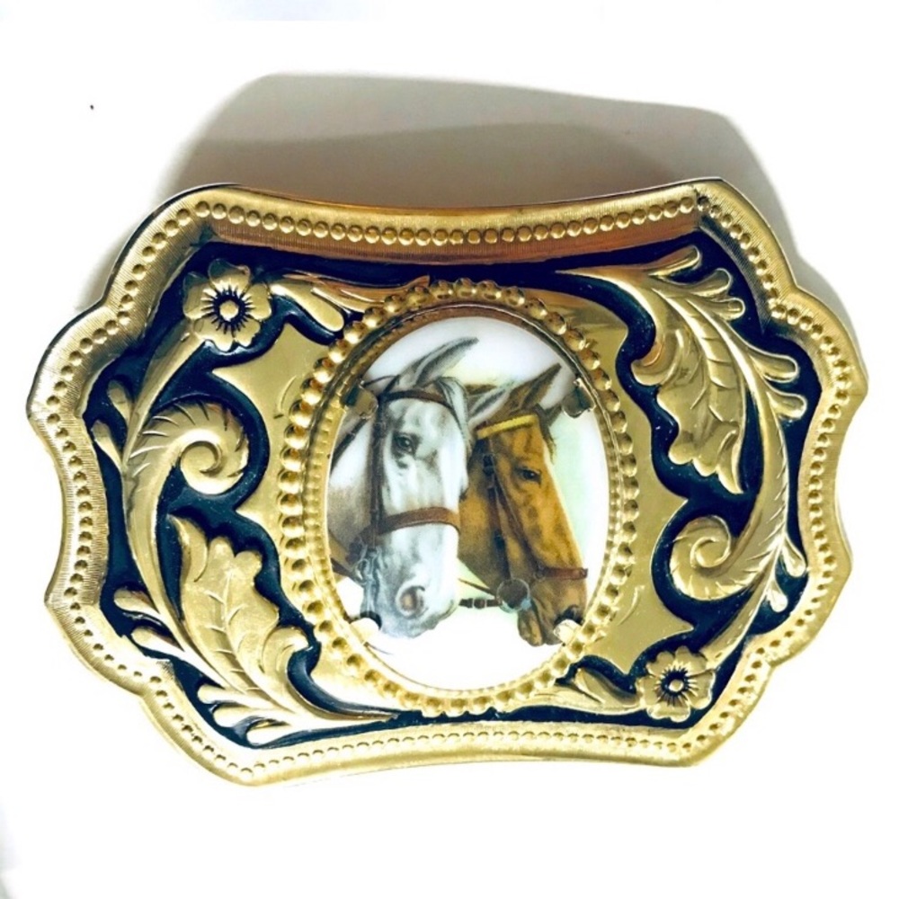 2/$50!🌱 Cowgirl Horse Belt Buckle Gold Brass Filigree White Vintage Boho